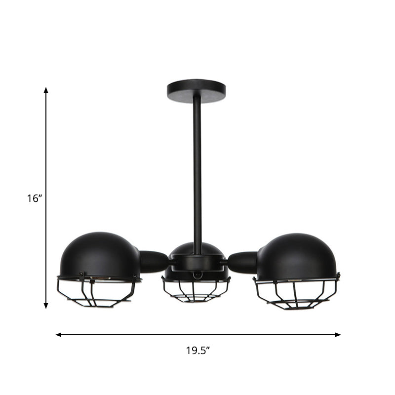 Suspension en forme de dôme de style industriel avec cadre en fil de fer, 3 ampoules, finition noire/laiton