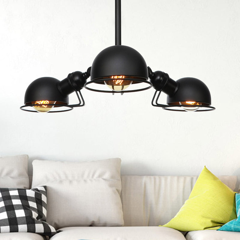 Suspension en forme de dôme de style industriel avec cadre en fil de fer, 3 ampoules, finition noire/laiton