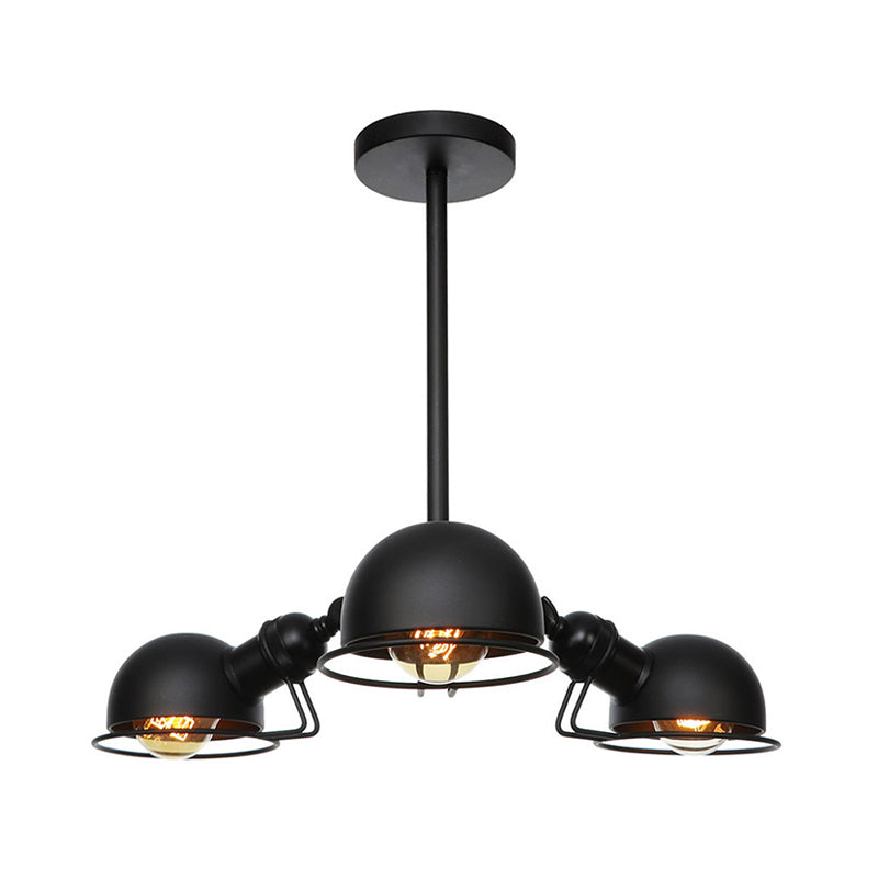 Suspension en forme de dôme de style industriel avec cadre en fil de fer, 3 ampoules, finition noire/laiton