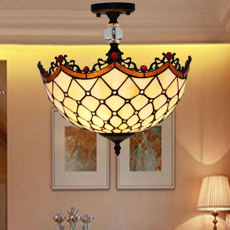 Plafonnier traditionnel en vitrail Tiffany - Semi-encastré festonné, 12" ou 16" - Finition bronze avec motif de feuille, victorien et circulaire - Idéal pour le hall d'entrée