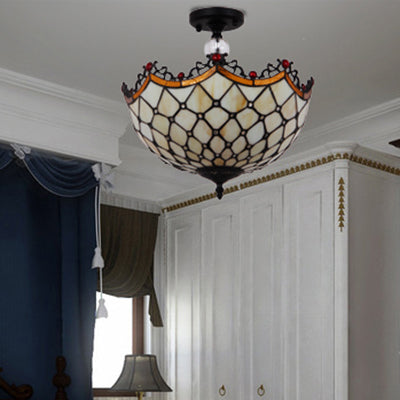 Plafonnier traditionnel en vitrail Tiffany - Semi-encastré festonné, 12" ou 16" - Finition bronze avec motif de feuille, victorien et circulaire - Idéal pour le hall d'entrée