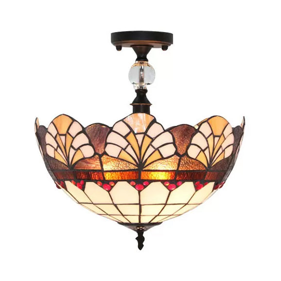 Plafonnier traditionnel en vitrail Tiffany - Semi-encastré festonné, 12" ou 16" - Finition bronze avec motif de feuille, victorien et circulaire - Idéal pour le hall d'entrée
