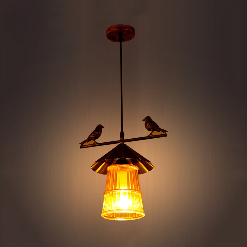 Chinese Style Conical Pendulum Pendant Ceiling Lamp - Bronze Finish With Ribbed Glass Shade