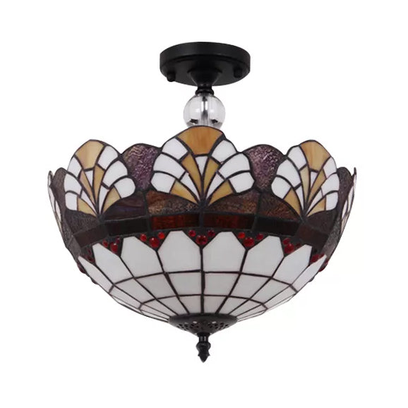 Plafonnier traditionnel en vitrail Tiffany - Semi-encastré festonné, 12" ou 16" - Finition bronze avec motif de feuille, victorien et circulaire - Idéal pour le hall d'entrée