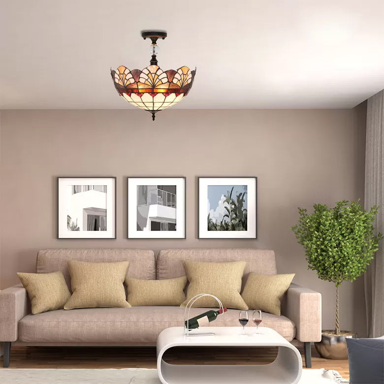 Plafonnier traditionnel en vitrail Tiffany - Semi-encastré festonné, 12" ou 16" - Finition bronze avec motif de feuille, victorien et circulaire - Idéal pour le hall d'entrée