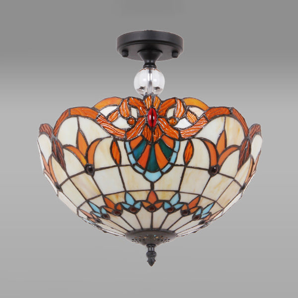 Plafonnier traditionnel en vitrail Tiffany - Semi-encastré festonné, 12" ou 16" - Finition bronze avec motif de feuille, victorien et circulaire - Idéal pour le hall d'entrée