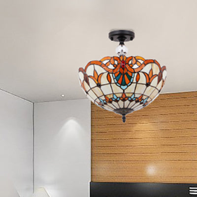 Plafonnier traditionnel en vitrail Tiffany - Semi-encastré festonné, 12" ou 16" - Finition bronze avec motif de feuille, victorien et circulaire - Idéal pour le hall d'entrée