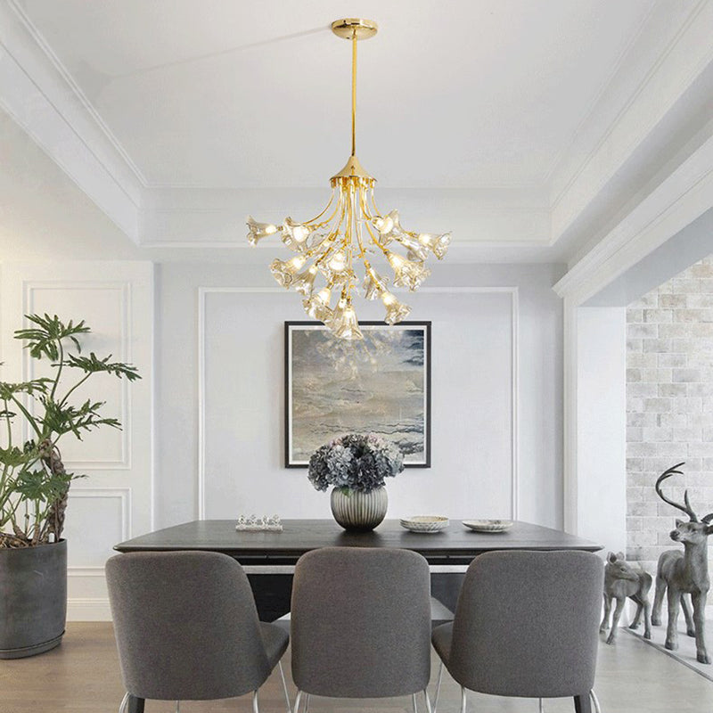 Lustre suspendu moderniste doré avec branches en cristal - 16 ampoules - Kit d'éclairage pour salle à manger