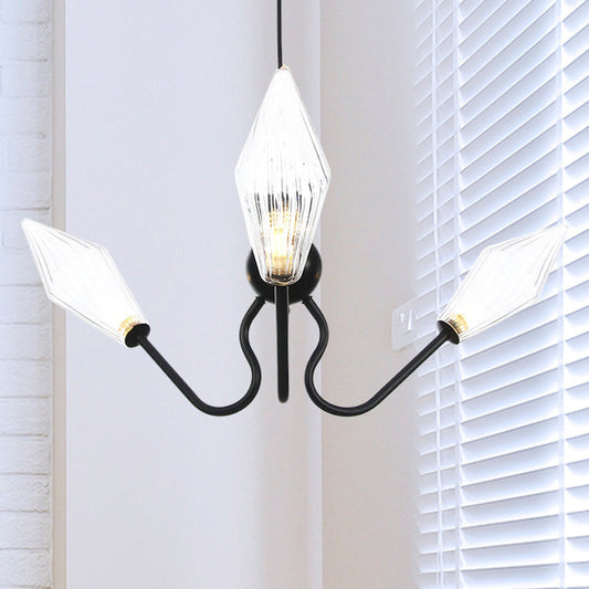 Vintage Diamond Hanging Lamp: Amber/Clear Glass, 3-Head Chandelier with Adjustable Cord - Black/Chrome Finish