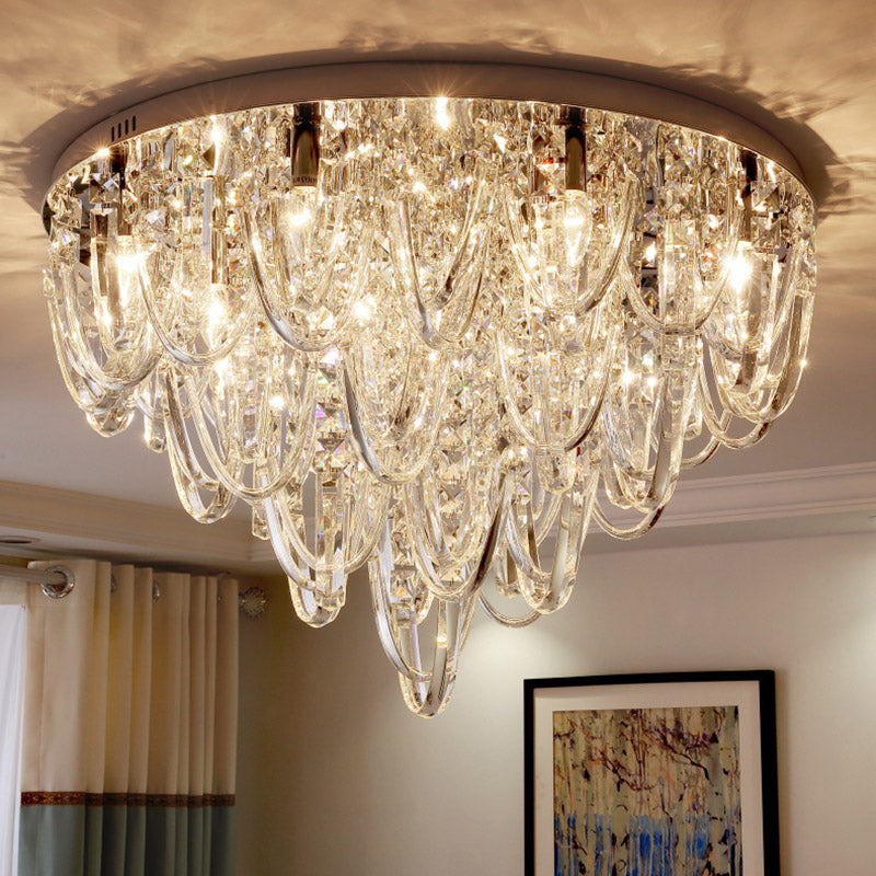 Crystal Flush Mount Ceiling Light with 6/9 Heads in Nickel for Bedroom