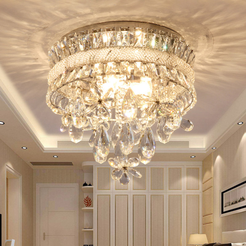 Contemporary Crystal Teardrop Flush Light - 6 Bulbs, Nickel Ceiling Mount Fixture