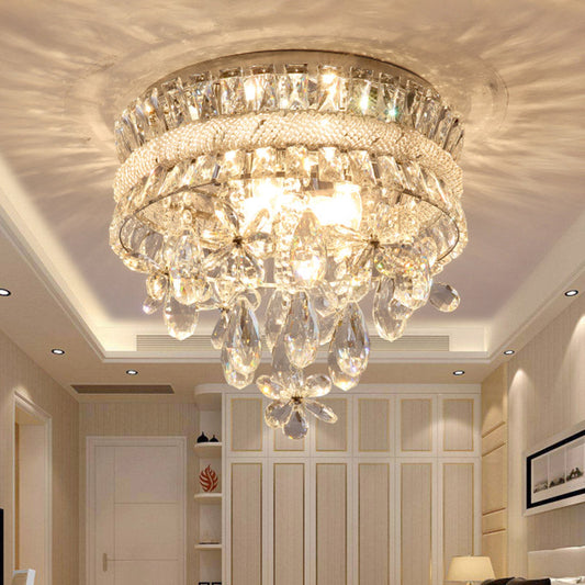 Contemporary Crystal Teardrop Flush Light - 6 Bulbs, Nickel Ceiling Mount Fixture