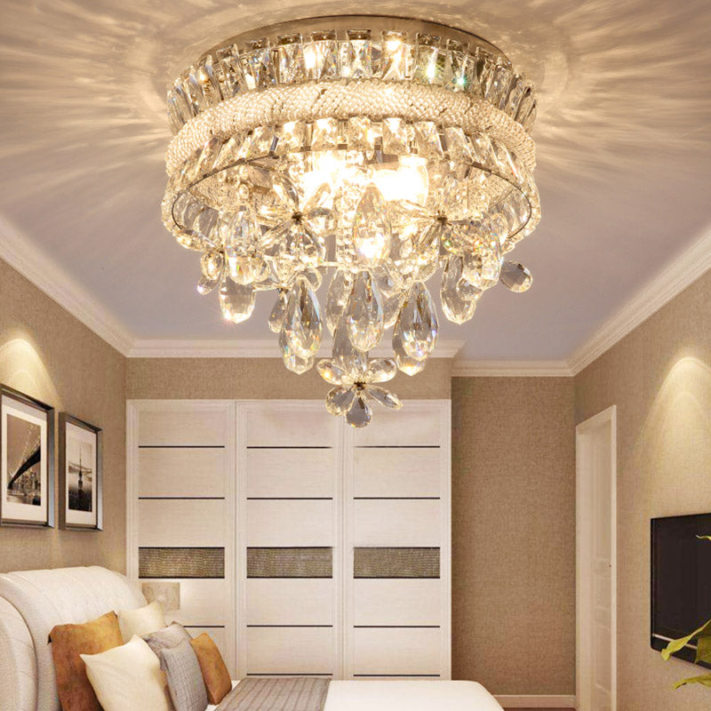 Contemporary Crystal Teardrop Flush Light - 6 Bulbs, Nickel Ceiling Mount Fixture