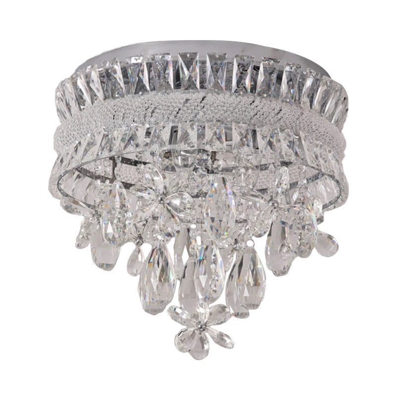 Contemporary Crystal Teardrop Flush Light - 6 Bulbs, Nickel Ceiling Mount Fixture