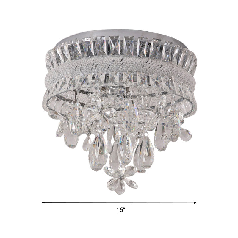Contemporary Crystal Teardrop Flush Light - 6 Bulbs, Nickel Ceiling Mount Fixture