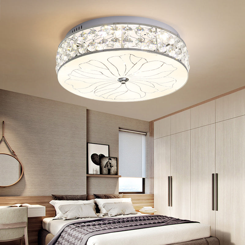 Nickel LED Round Flushmount Crystal Ceiling Light Fixture with Opal Glass Diffuser - Modern and Stylish