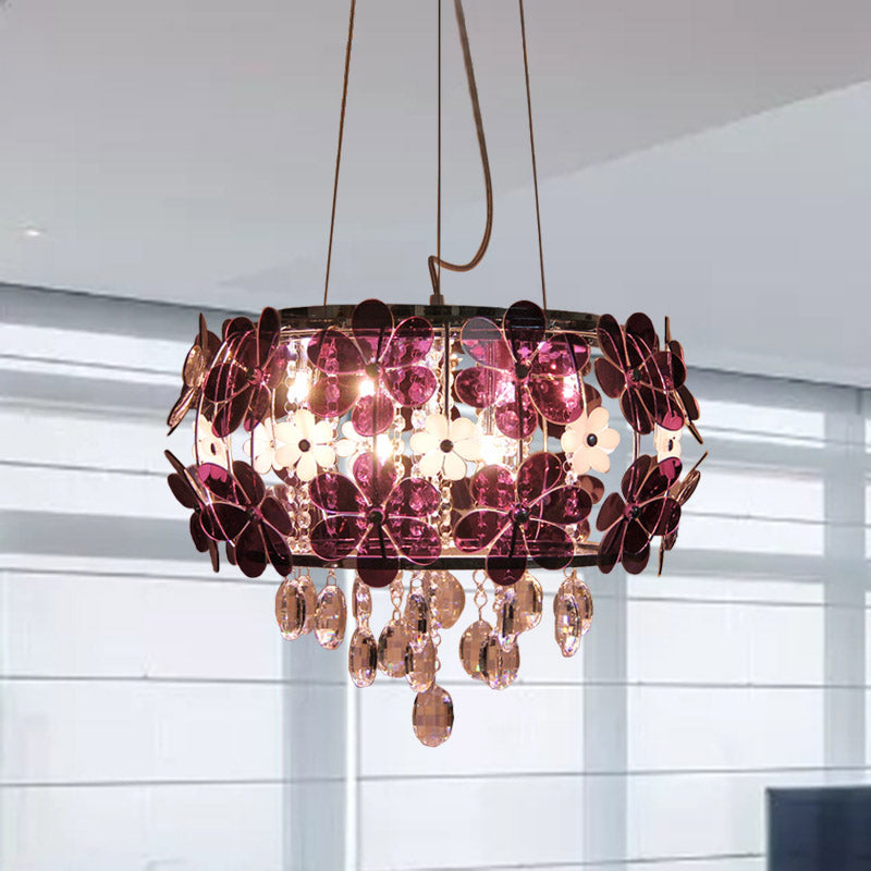Modernist Floral Acrylic Flushmount Ceiling Light with Crystal Drop - 5 Heads - White/Purple
