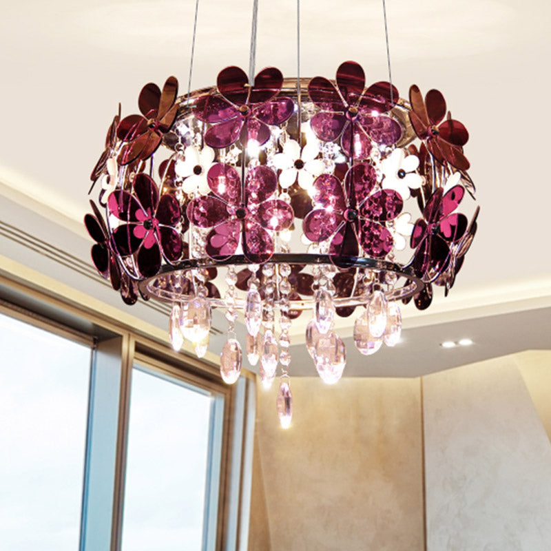 Modernist Floral Acrylic Flushmount Ceiling Light with Crystal Drop - 5 Heads - White/Purple