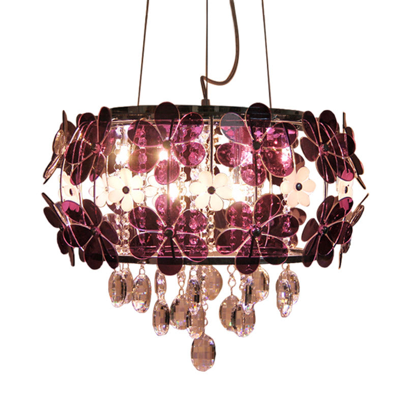 Modernist Floral Acrylic Flushmount Ceiling Light with Crystal Drop - 5 Heads - White/Purple