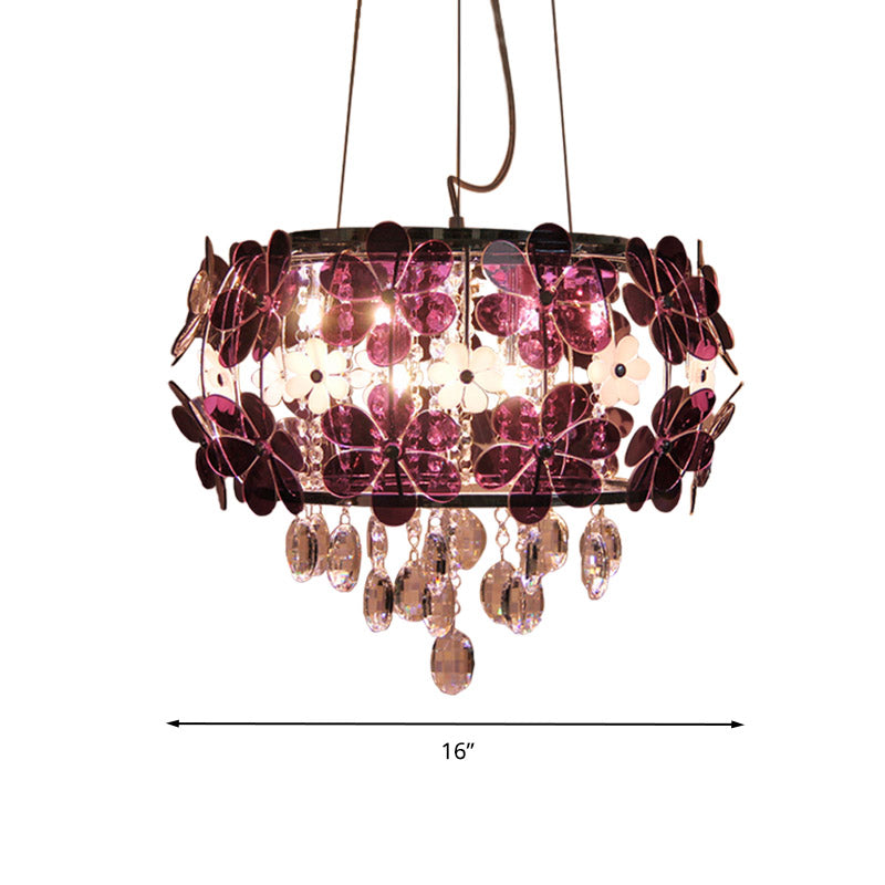 Modernist Floral Acrylic Flushmount Ceiling Light with Crystal Drop - 5 Heads - White/Purple