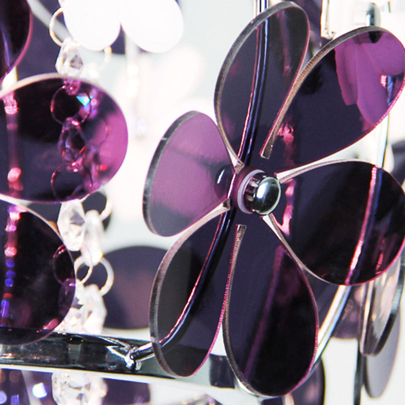 Modernist Floral Acrylic Flushmount Ceiling Light with Crystal Drop - 5 Heads - White/Purple