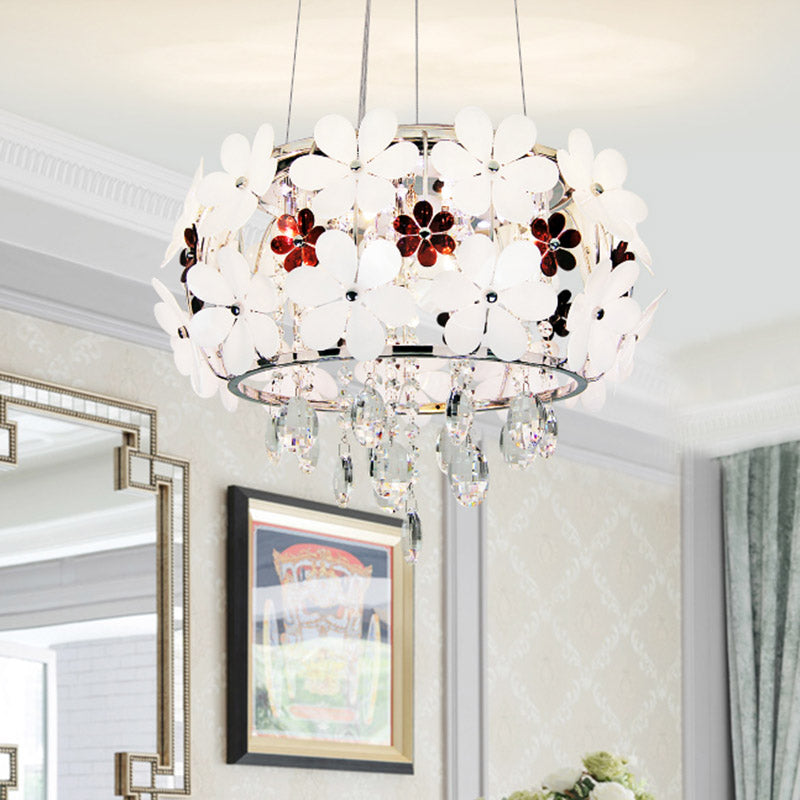 Modernist Floral Acrylic Flushmount Ceiling Light with Crystal Drop - 5 Heads - White/Purple