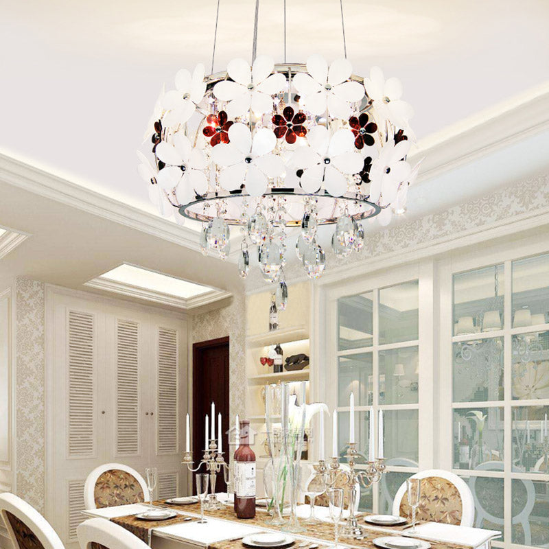 Modernist Floral Acrylic Flushmount Ceiling Light with Crystal Drop - 5 Heads - White/Purple
