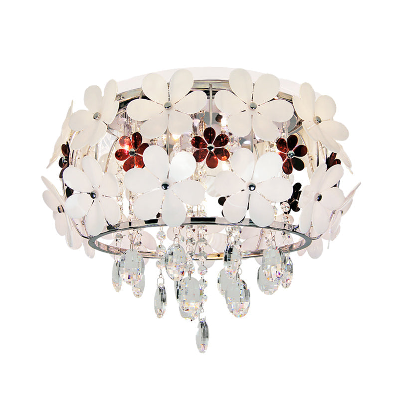 Modernist Floral Acrylic Flushmount Ceiling Light with Crystal Drop - 5 Heads - White/Purple