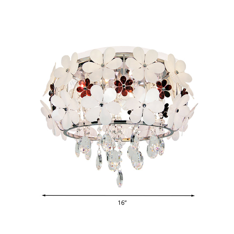 Modernist Floral Acrylic Flushmount Ceiling Light with Crystal Drop - 5 Heads - White/Purple