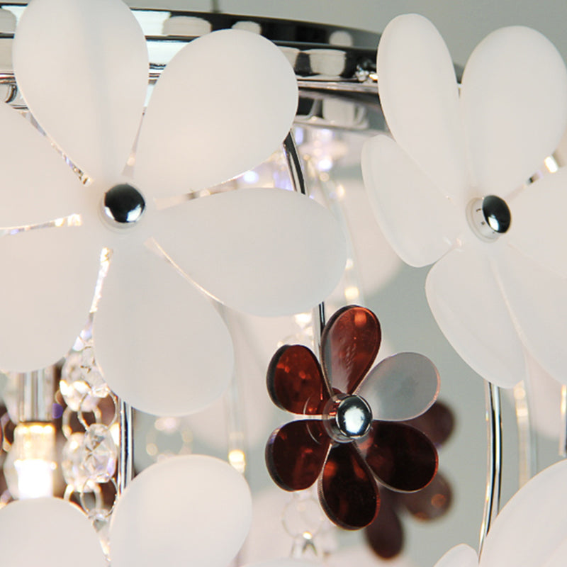 Modernist Floral Acrylic Flushmount Ceiling Light with Crystal Drop - 5 Heads - White/Purple