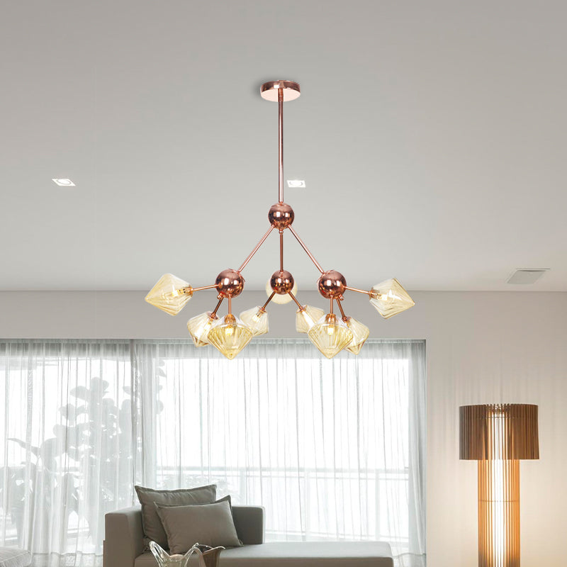 Lustre en diamant de style campagnard : verre ambré/transparent, plusieurs options d'éclairage, 13"/27,5"/34" de large