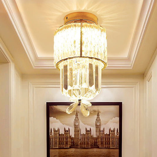 Gold Semi Flush LED Hallway Ceiling Light with K9 Crystal Cylinder Shade