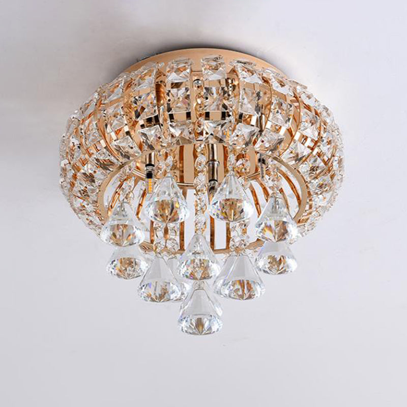 Gold Modern Round Ceiling Light with 5 Hand-Cut Crystal Heads - Flush Mount Lamp for Foyer