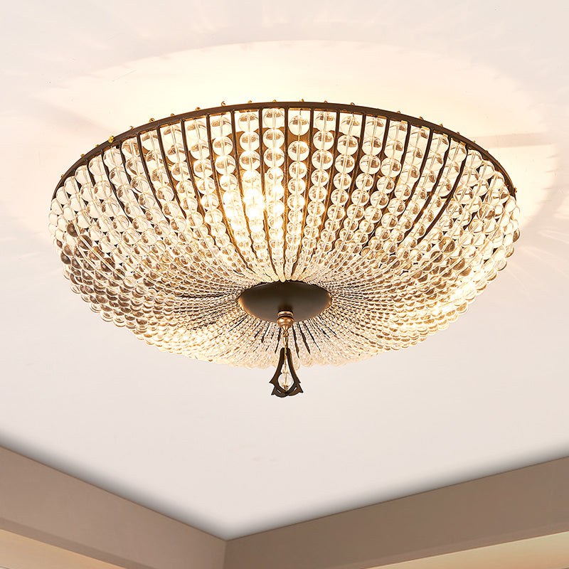 Modern Clear K9 Crystal Bowl Ceiling Lamp - 3 Lights, Black Flush Mount for Bedroom Lighting