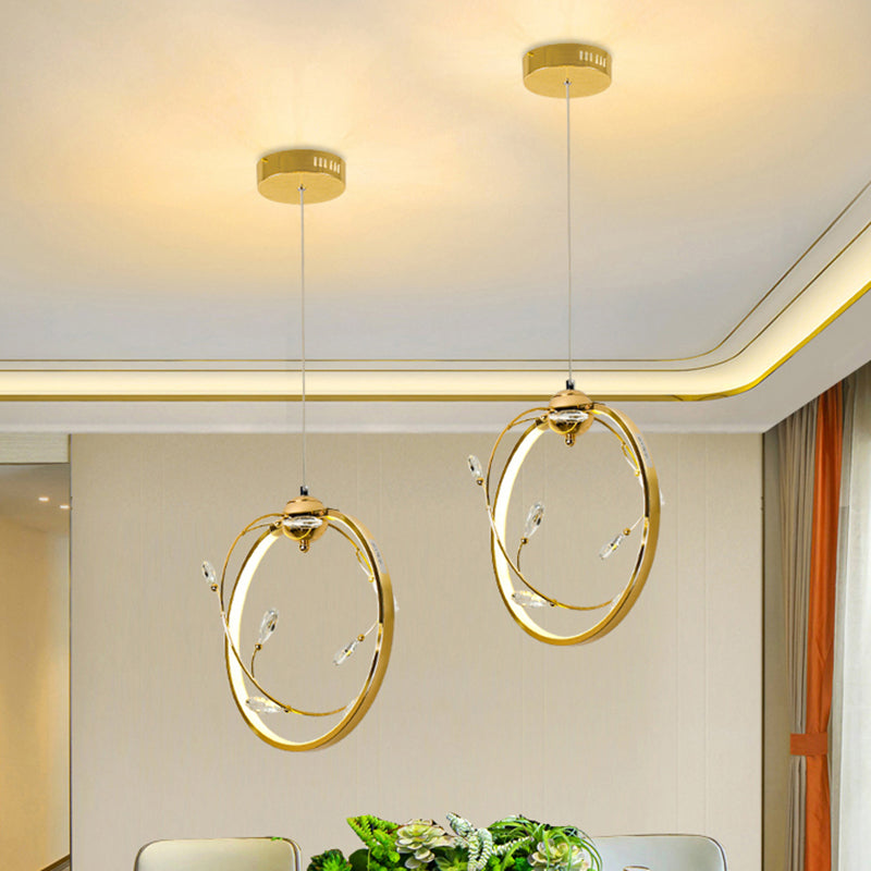 Modern LED Gold Pendant Lamp with K9 Crystal Accent - Circle Metal Hanging Light