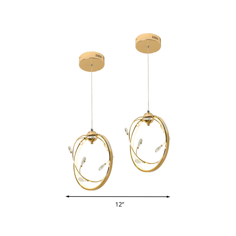 Modern Led Gold Metal Pendant Lamp With Crystal Accent - Circle Design