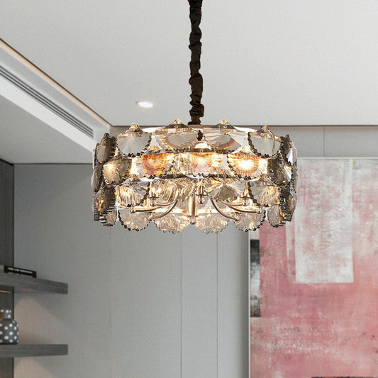 Modern Gray Crystal Block Drum Ceiling Chandelier - 6 Bulb Gold Pendant Lamp