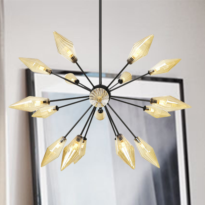 Lustre à abat-jour diamant du milieu du siècle - Verre côtelé ambré/transparent - 9/12/15 lumières - Éclairage suspendu de salon