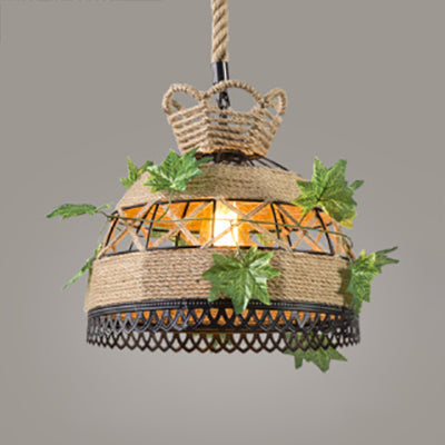 Vintage Style Rope Restaurant Hanging Light Fixture - Barrel/Dome Shape, 1 Head Beige Suspension Lamp