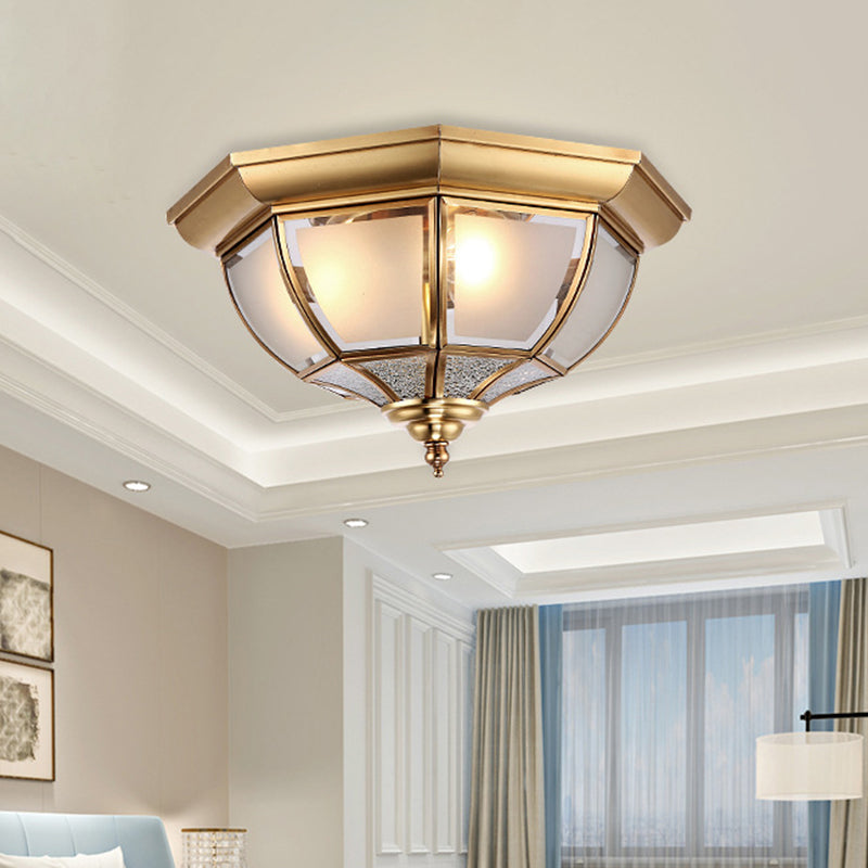 Faceted Clear Glass Dining Room Flush Lamp, Traditional Brass Finish Ceiling Lighting - 14"/18" Width, 3/4 Lights