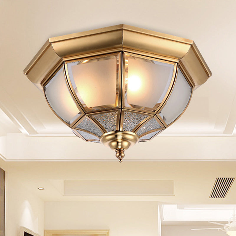 Faceted Clear Glass Dining Room Flush Lamp, Traditional Brass Finish Ceiling Lighting - 14"/18" Width, 3/4 Lights