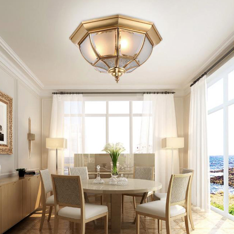 Faceted Clear Glass Dining Room Flush Lamp, Traditional Brass Finish Ceiling Lighting - 14"/18" Width, 3/4 Lights