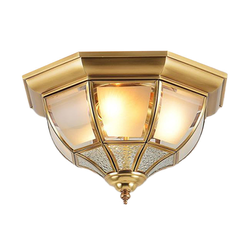 Faceted Clear Glass Dining Room Flush Lamp, Traditional Brass Finish Ceiling Lighting - 14"/18" Width, 3/4 Lights