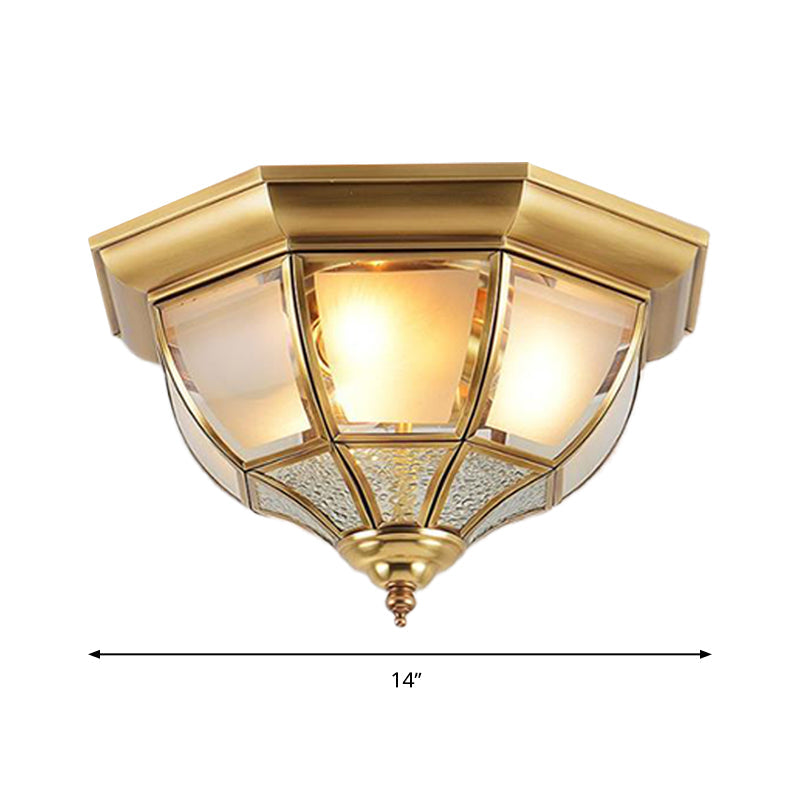 Faceted Clear Glass Dining Room Flush Lamp, Traditional Brass Finish Ceiling Lighting - 14"/18" Width, 3/4 Lights