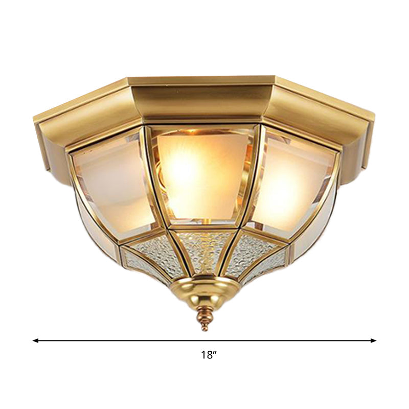 Faceted Clear Glass Dining Room Flush Lamp, Traditional Brass Finish Ceiling Lighting - 14"/18" Width, 3/4 Lights