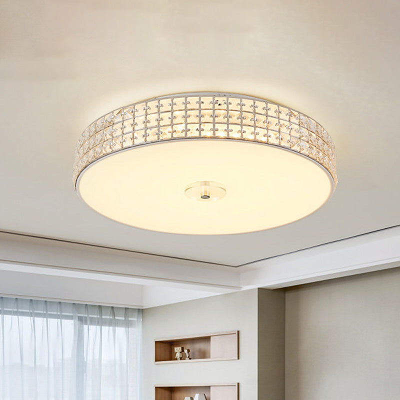 Minimalist Silver K9 Crystal Drum Flush Mount LED Ceiling Light - Perfect for Bedroom 12"/16"/19.5" Wide