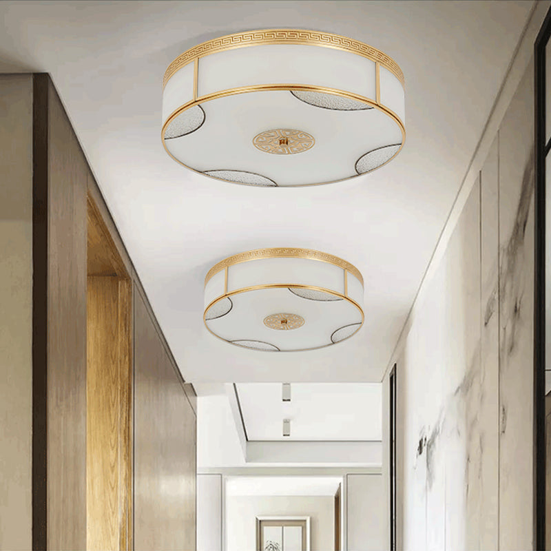 Chinese Style Drum Ceiling Light - 14"/18"/21.5" W - 3/4/6-Light - Matte White Glass - Brass Flushmount