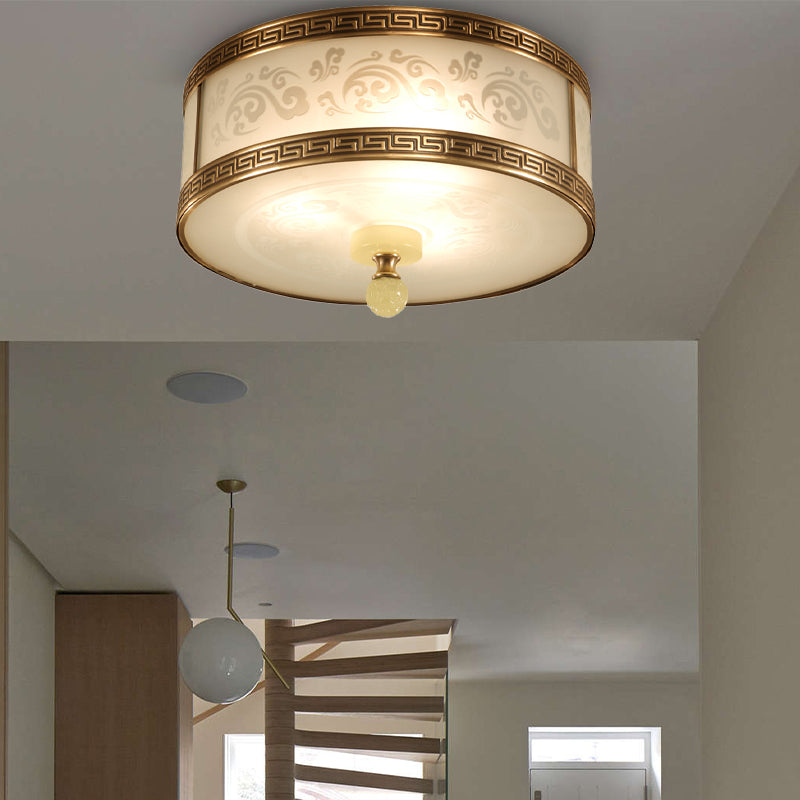 Chinese Style Brass Finish Flush Ceiling Mount Light with Frosted Glass - 2/3/4 Lights, Drum Shape, 11.5"/13"/17" Dia