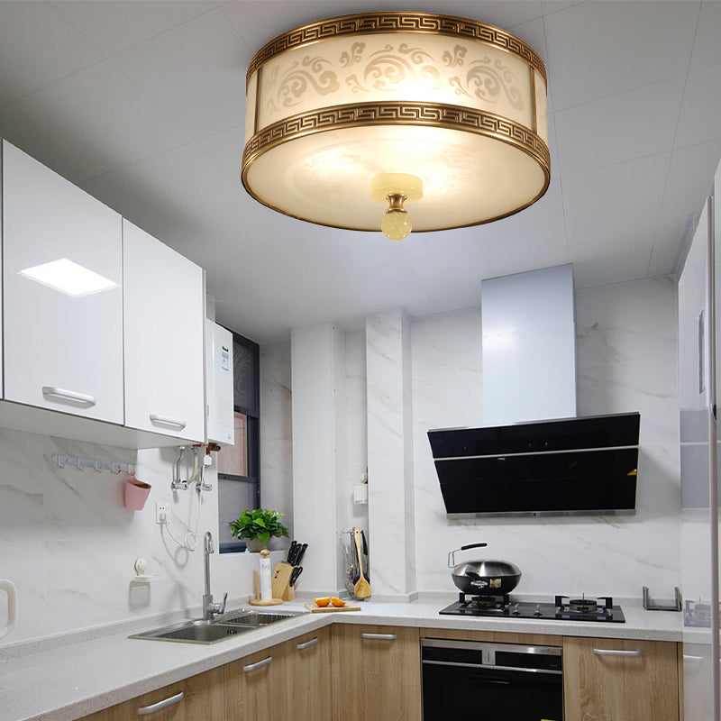 Chinese Style Brass Finish Flush Ceiling Mount Light with Frosted Glass - 2/3/4 Lights, Drum Shape, 11.5"/13"/17" Dia