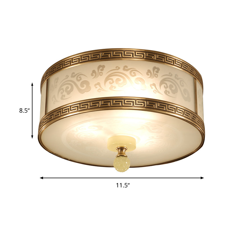 Chinese Style Brass Finish Flush Ceiling Mount Light with Frosted Glass - 2/3/4 Lights, Drum Shape, 11.5"/13"/17" Dia